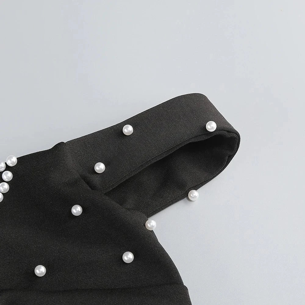 Women's Elegant Black Off Shoulder Ankle-Length Dress Pearl Beading Luxurious Evening Party Dress Glamorous Fashion Choice