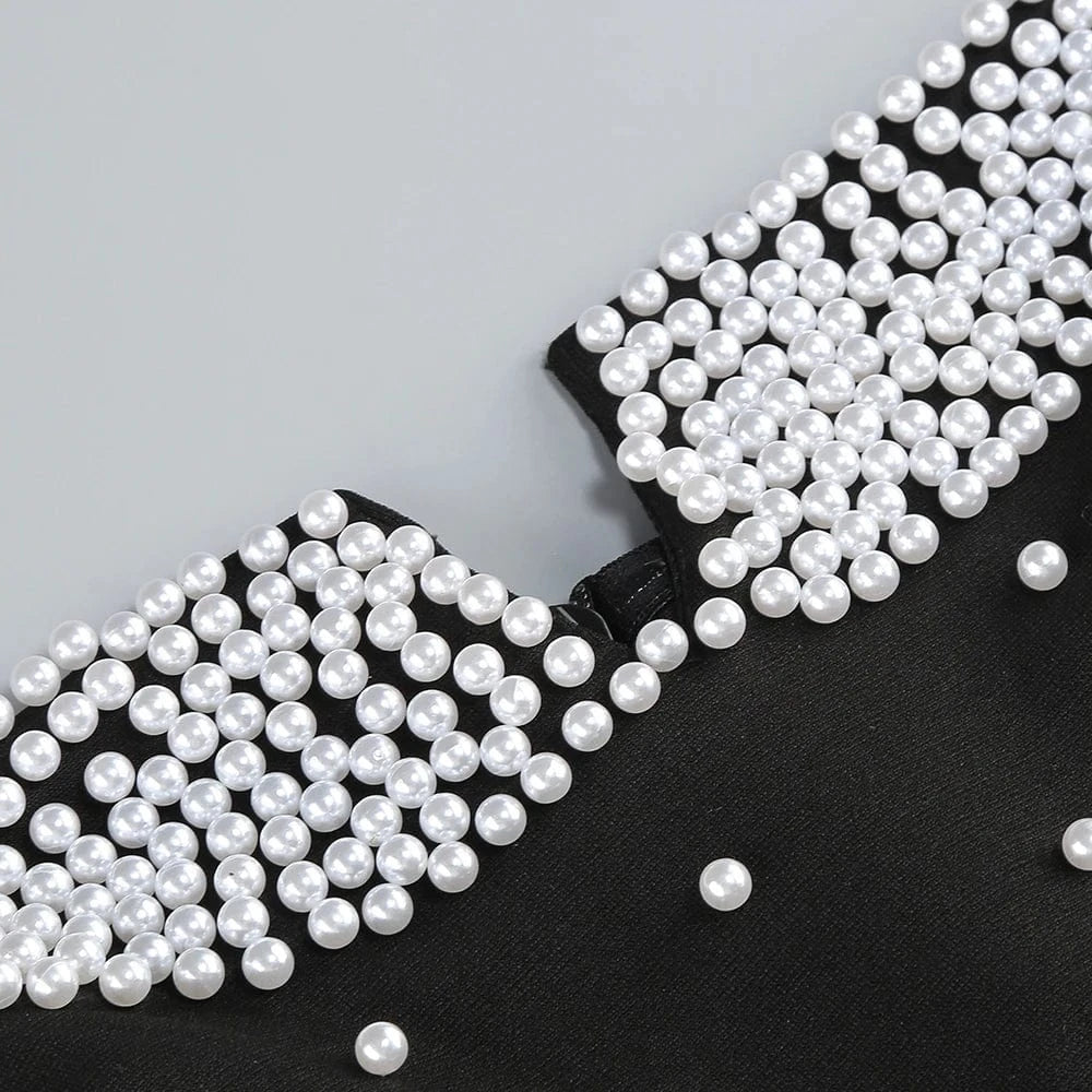 Women's Elegant Black Off Shoulder Ankle-Length Dress Pearl Beading Luxurious Evening Party Dress Glamorous Fashion Choice