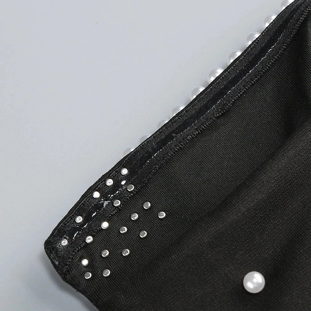 Women's Elegant Black Off Shoulder Ankle-Length Dress Pearl Beading Luxurious Evening Party Dress Glamorous Fashion Choice