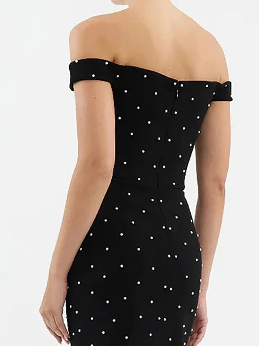 Women's Elegant Black Off Shoulder Ankle-Length Dress Pearl Beading Luxurious Evening Party Dress Glamorous Fashion Choice