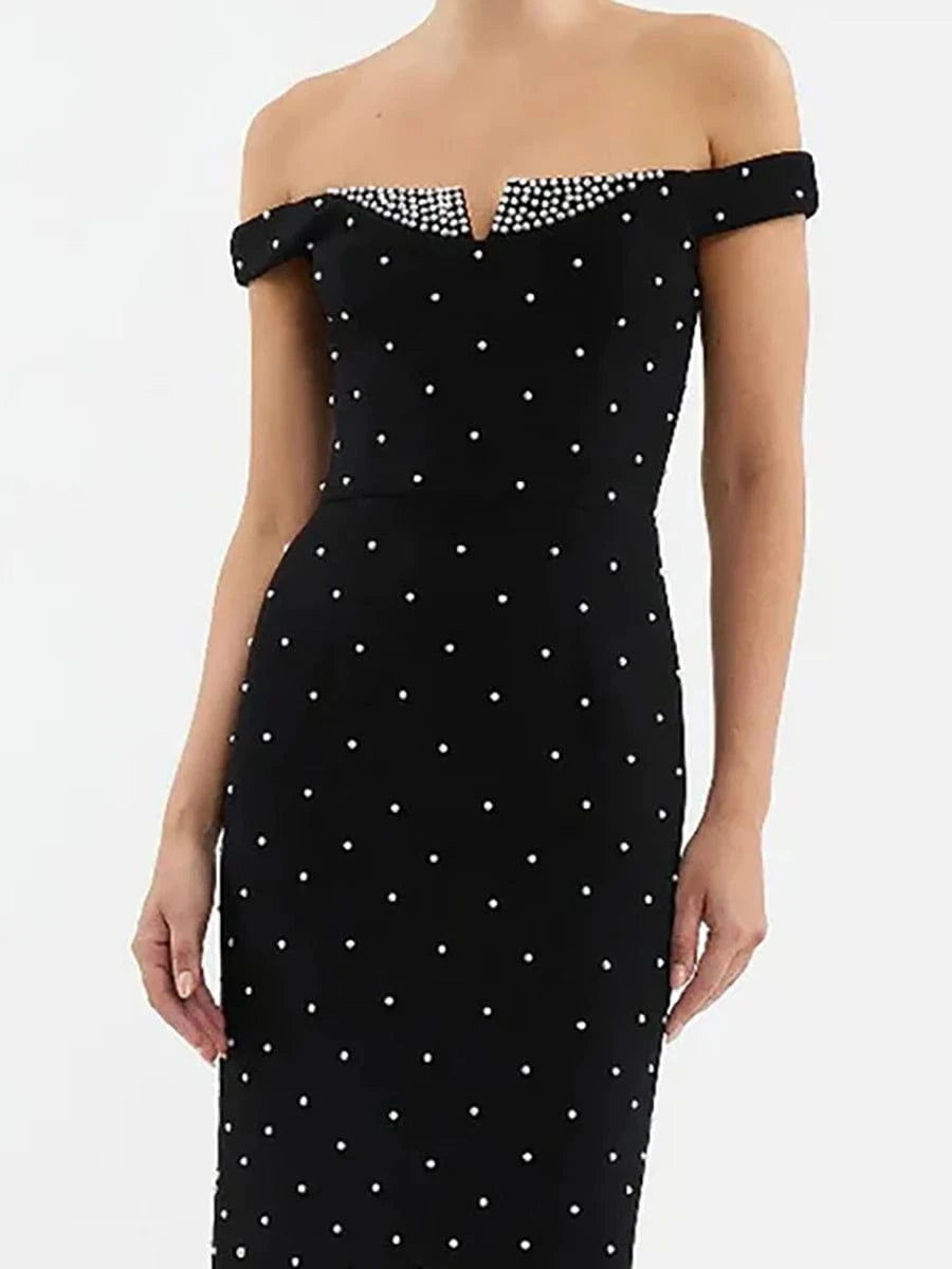 Women's Elegant Black Off Shoulder Ankle-Length Dress Pearl Beading Luxurious Evening Party Dress Glamorous Fashion Choice