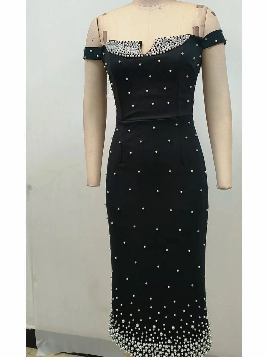 Women's Elegant Black Off Shoulder Ankle-Length Dress Pearl Beading Luxurious Evening Party Dress Glamorous Fashion Choice