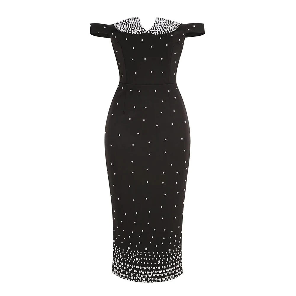 Women's Elegant Black Off Shoulder Ankle-Length Dress Pearl Beading Luxurious Evening Party Dress Glamorous Fashion Choice