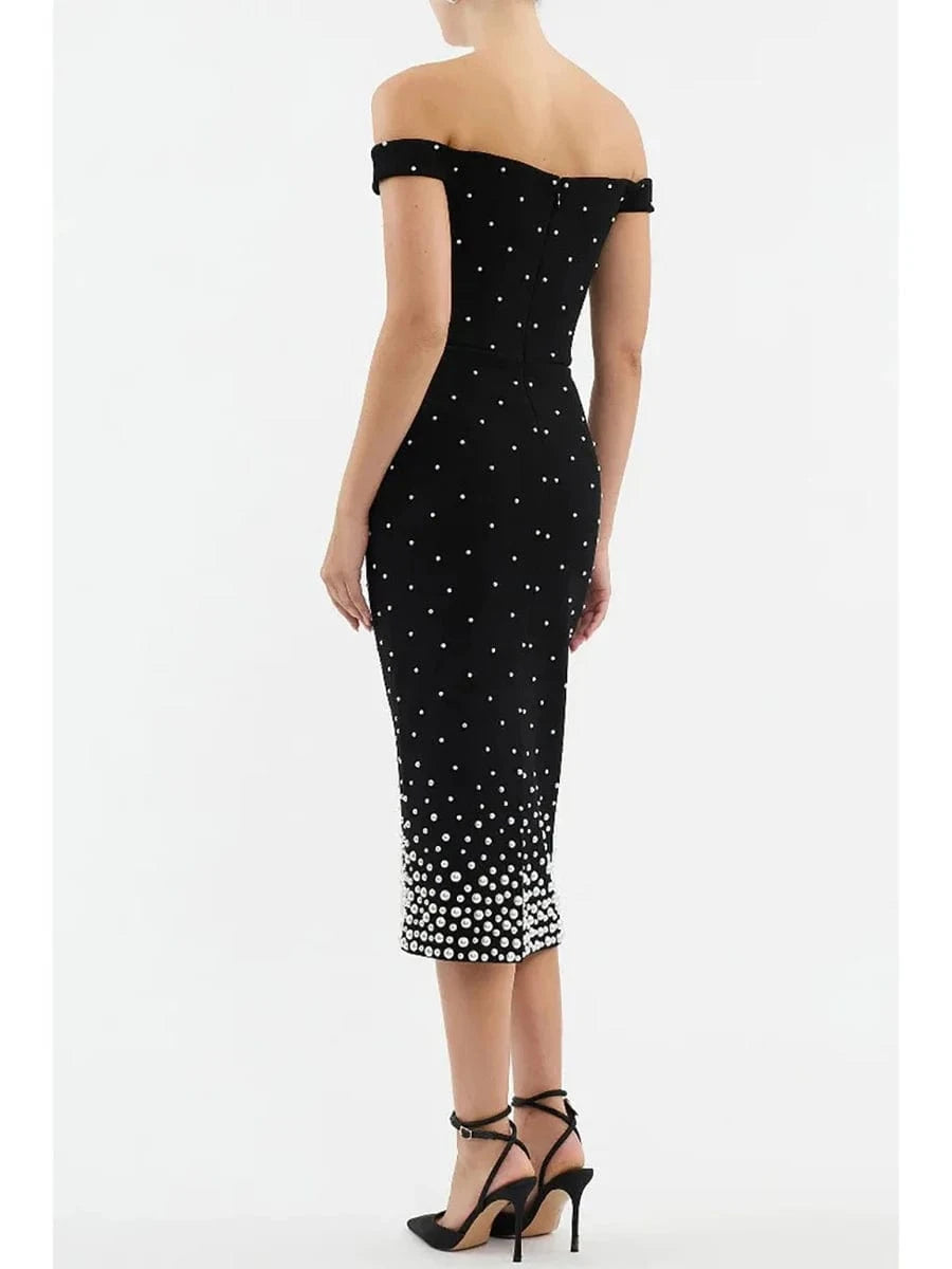 Women's Elegant Black Off Shoulder Ankle-Length Dress Pearl Beading Luxurious Evening Party Dress Glamorous Fashion Choice