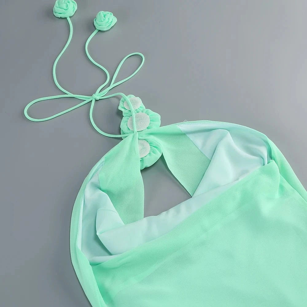 Women's Elegant Mint Green Halter Neck Maxi Dress Rose Embellishment Flowy Silhouette High-quality Fabric for Prom Evening Party