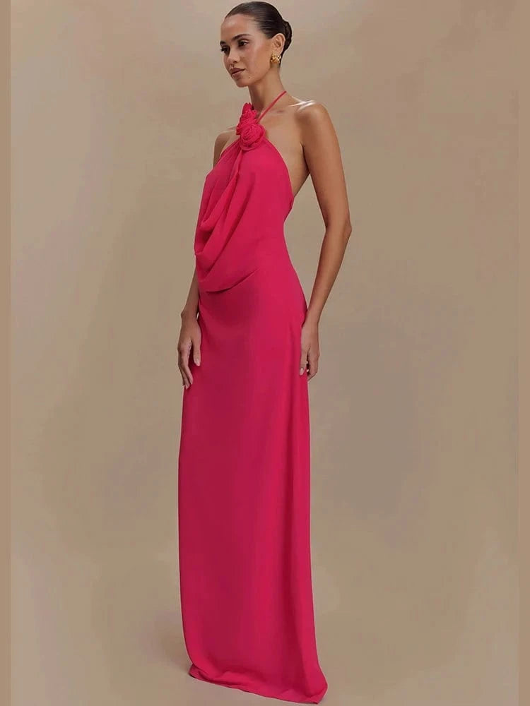 Women's Elegant Mint Green Halter Neck Maxi Dress Rose Embellishment Flowy Silhouette High-quality Fabric for Prom Evening Party