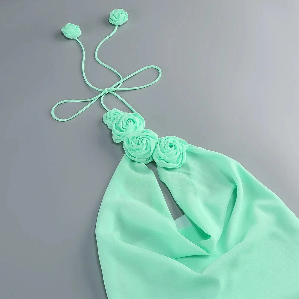 Women's Elegant Mint Green Halter Neck Maxi Dress Rose Embellishment Flowy Silhouette High-quality Fabric for Prom Evening Party