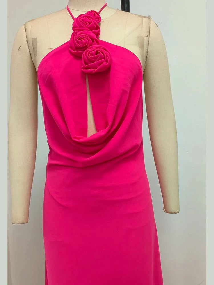 Women's Elegant Mint Green Halter Neck Maxi Dress Rose Embellishment Flowy Silhouette High-quality Fabric for Prom Evening Party