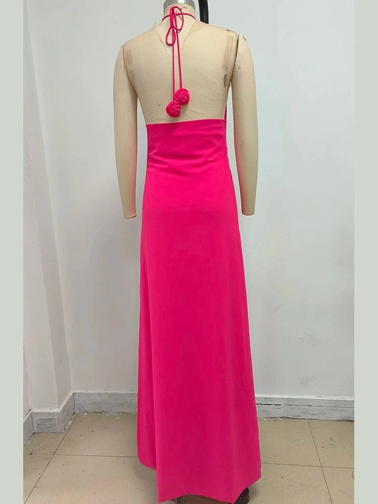 Women's Elegant Mint Green Halter Neck Maxi Dress Rose Embellishment Flowy Silhouette High-quality Fabric for Prom Evening Party