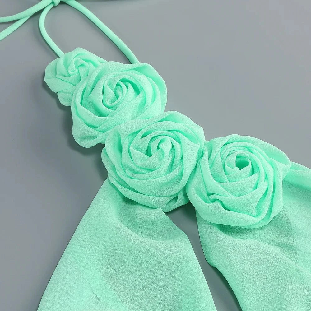 Women's Elegant Mint Green Halter Neck Maxi Dress Rose Embellishment Flowy Silhouette High-quality Fabric for Prom Evening Party