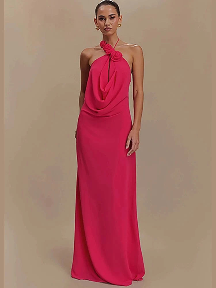 Women's Elegant Mint Green Halter Neck Maxi Dress Rose Embellishment Flowy Silhouette High-quality Fabric for Prom Evening Party