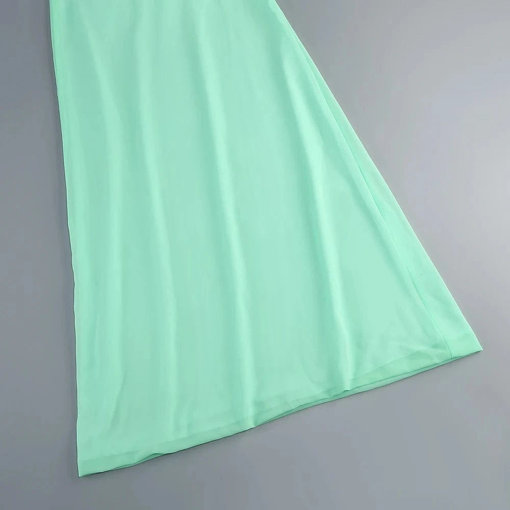 Women's Elegant Mint Green Halter Neck Maxi Dress Rose Embellishment Flowy Silhouette High-quality Fabric for Prom Evening Party