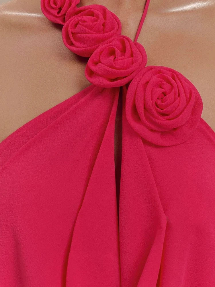 Women's Elegant Mint Green Halter Neck Maxi Dress Rose Embellishment Flowy Silhouette High-quality Fabric for Prom Evening Party