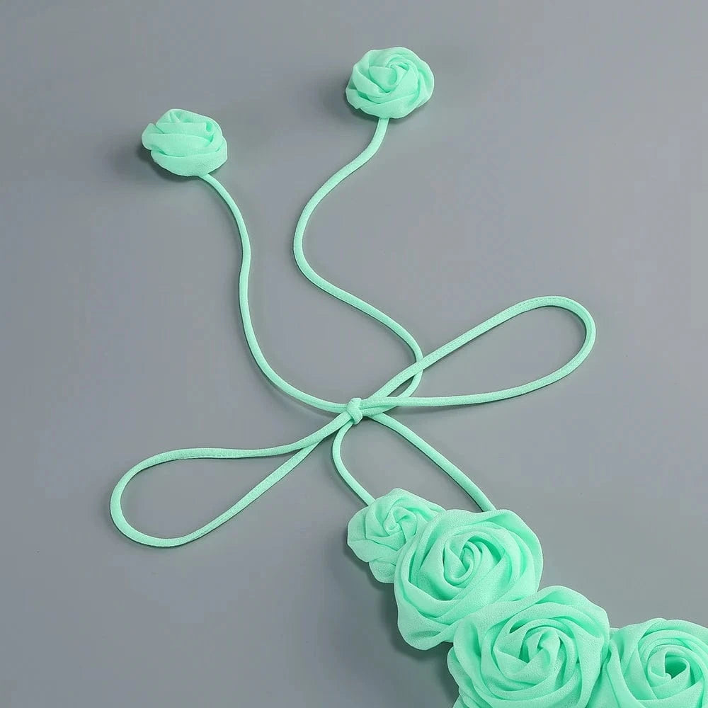 Women's Elegant Mint Green Halter Neck Maxi Dress Rose Embellishment Flowy Silhouette High-quality Fabric for Prom Evening Party