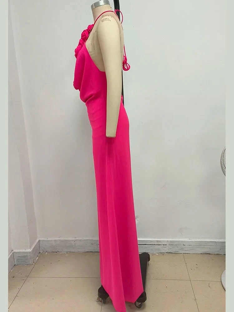 Women's Elegant Mint Green Halter Neck Maxi Dress Rose Embellishment Flowy Silhouette High-quality Fabric for Prom Evening Party