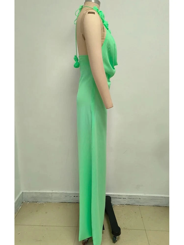 Women's Elegant Mint Green Halter Neck Maxi Dress Rose Embellishment Flowy Silhouette High-quality Fabric for Prom Evening Party