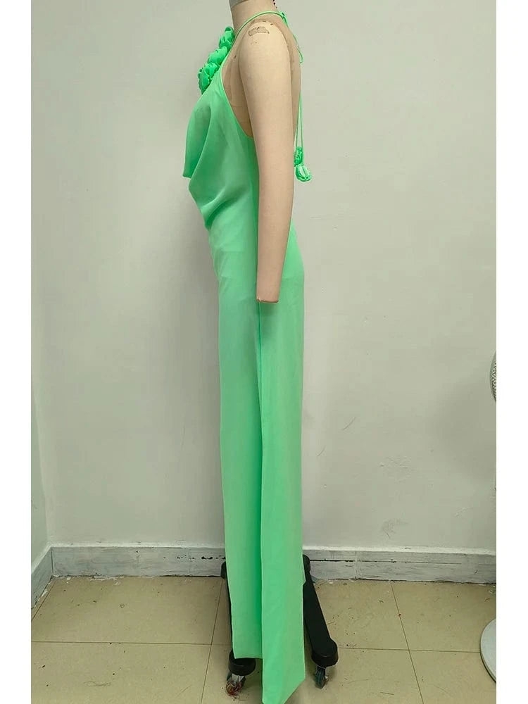 Women's Elegant Mint Green Halter Neck Maxi Dress Rose Embellishment Flowy Silhouette High-quality Fabric for Prom Evening Party