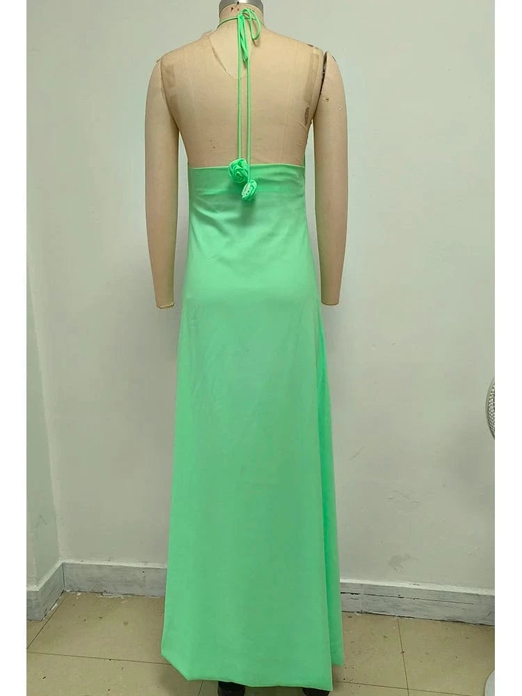Women's Elegant Mint Green Halter Neck Maxi Dress Rose Embellishment Flowy Silhouette High-quality Fabric for Prom Evening Party