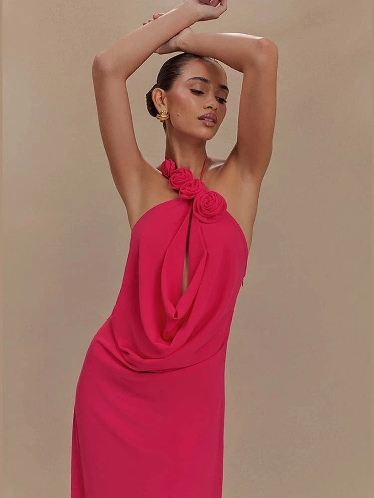 Women's Elegant Mint Green Halter Neck Maxi Dress Rose Embellishment Flowy Silhouette High-quality Fabric for Prom Evening Party