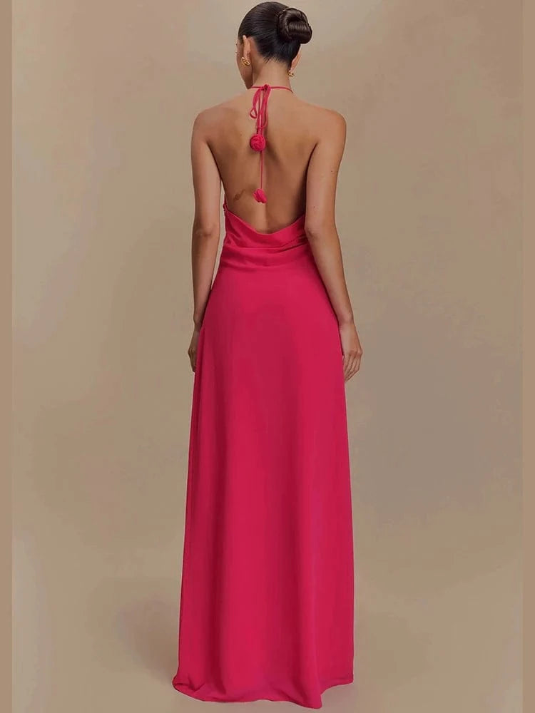 Women's Elegant Mint Green Halter Neck Maxi Dress Rose Embellishment Flowy Silhouette High-quality Fabric for Prom Evening Party