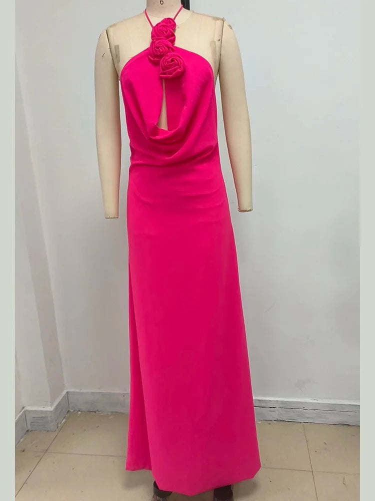 Women's Elegant Mint Green Halter Neck Maxi Dress Rose Embellishment Flowy Silhouette High-quality Fabric for Prom Evening Party