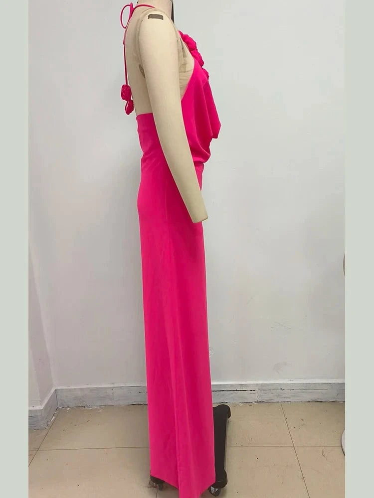 Women's Elegant Mint Green Halter Neck Maxi Dress Rose Embellishment Flowy Silhouette High-quality Fabric for Prom Evening Party