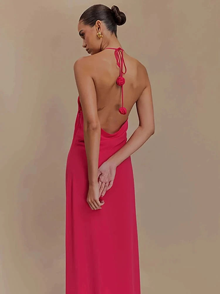 Women's Elegant Mint Green Halter Neck Maxi Dress Rose Embellishment Flowy Silhouette High-quality Fabric for Prom Evening Party