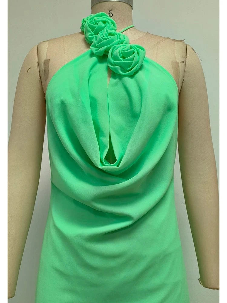 Women's Elegant Mint Green Halter Neck Maxi Dress Rose Embellishment Flowy Silhouette High-quality Fabric for Prom Evening Party