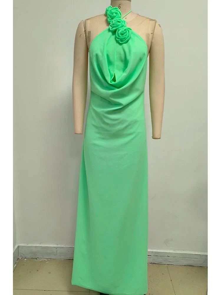 Women's Elegant Mint Green Halter Neck Maxi Dress Rose Embellishment Flowy Silhouette High-quality Fabric for Prom Evening Party