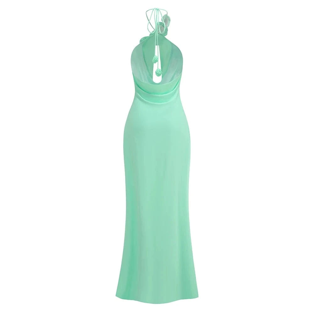 Women's Elegant Mint Green Halter Neck Maxi Dress Rose Embellishment Flowy Silhouette High-quality Fabric for Prom Evening Party