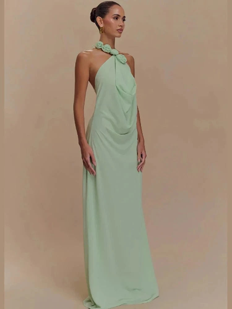 Women's Elegant Mint Green Halter Neck Maxi Dress Rose Embellishment Flowy Silhouette High-quality Fabric for Prom Evening Party