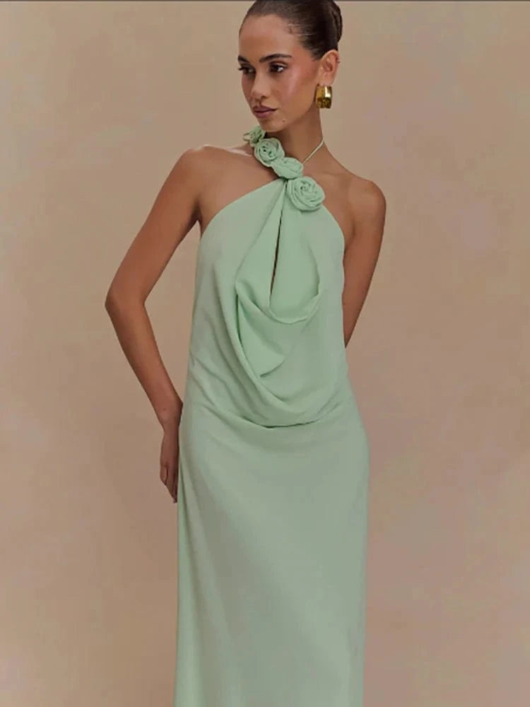 Women's Elegant Mint Green Halter Neck Maxi Dress Rose Embellishment Flowy Silhouette High-quality Fabric for Prom Evening Party