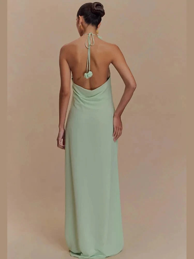 Women's Elegant Mint Green Halter Neck Maxi Dress Rose Embellishment Flowy Silhouette High-quality Fabric for Prom Evening Party