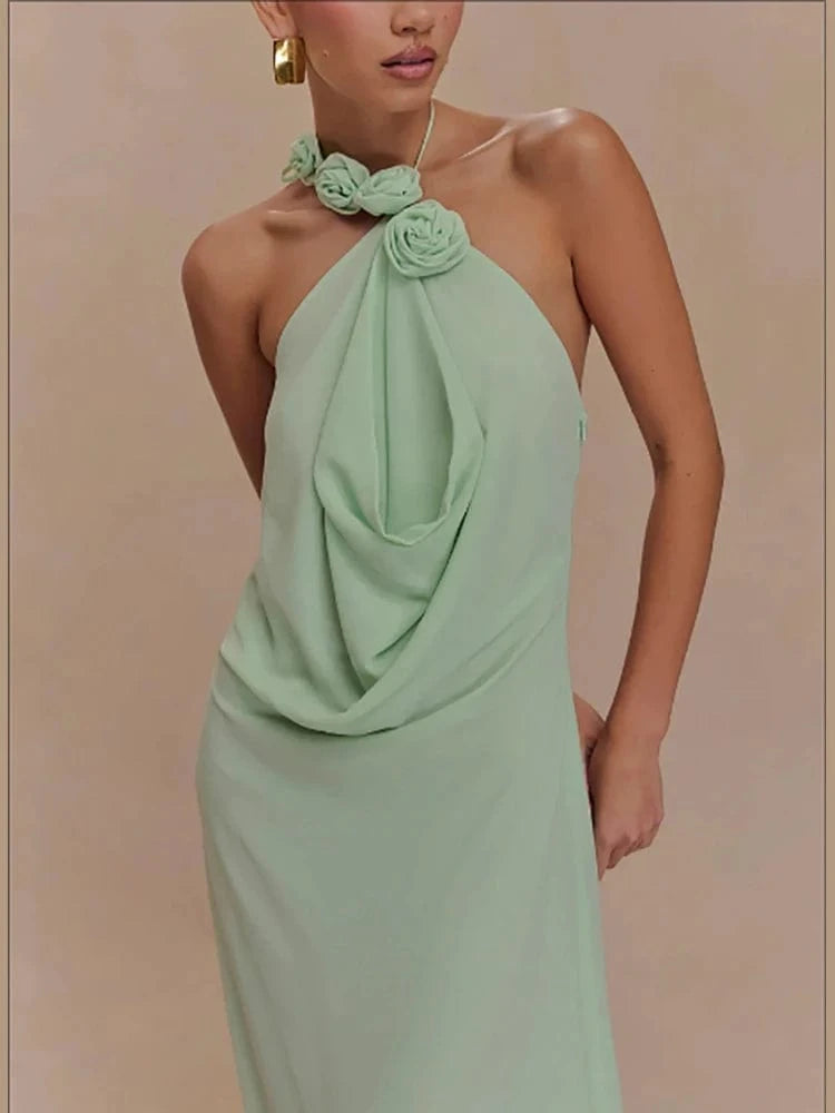 Women's Elegant Mint Green Halter Neck Maxi Dress Rose Embellishment Flowy Silhouette High-quality Fabric for Prom Evening Party