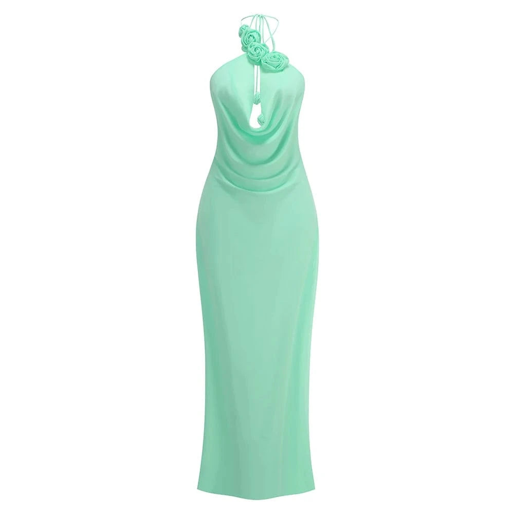 Women's Elegant Mint Green Halter Neck Maxi Dress Rose Embellishment Flowy Silhouette High-quality Fabric for Prom Evening Party