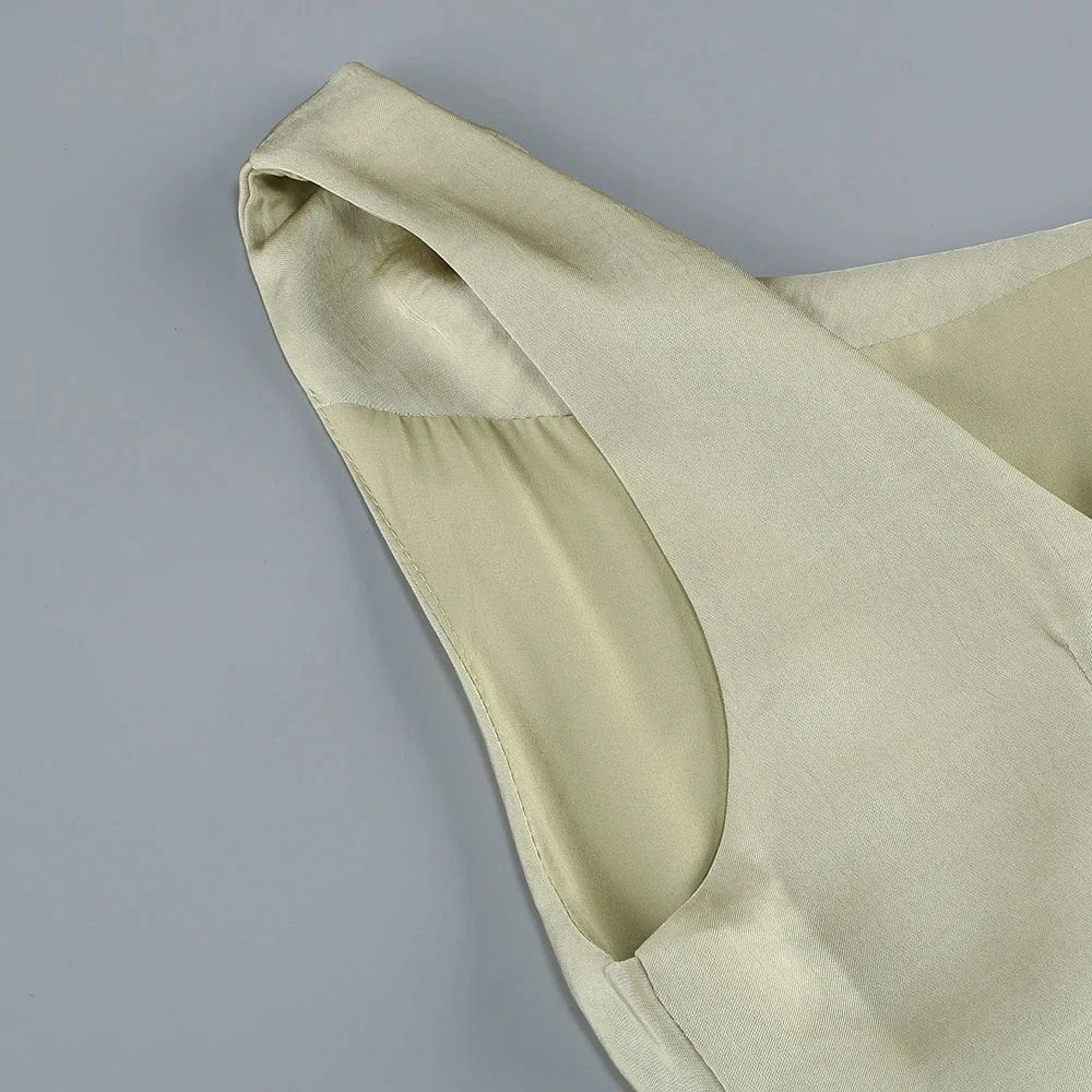 Women's Elegant Slip Sleeveless Cowl Neck Ruched Midi Dress Light Green Satin Material with Side Slit for Luxury Evening Party