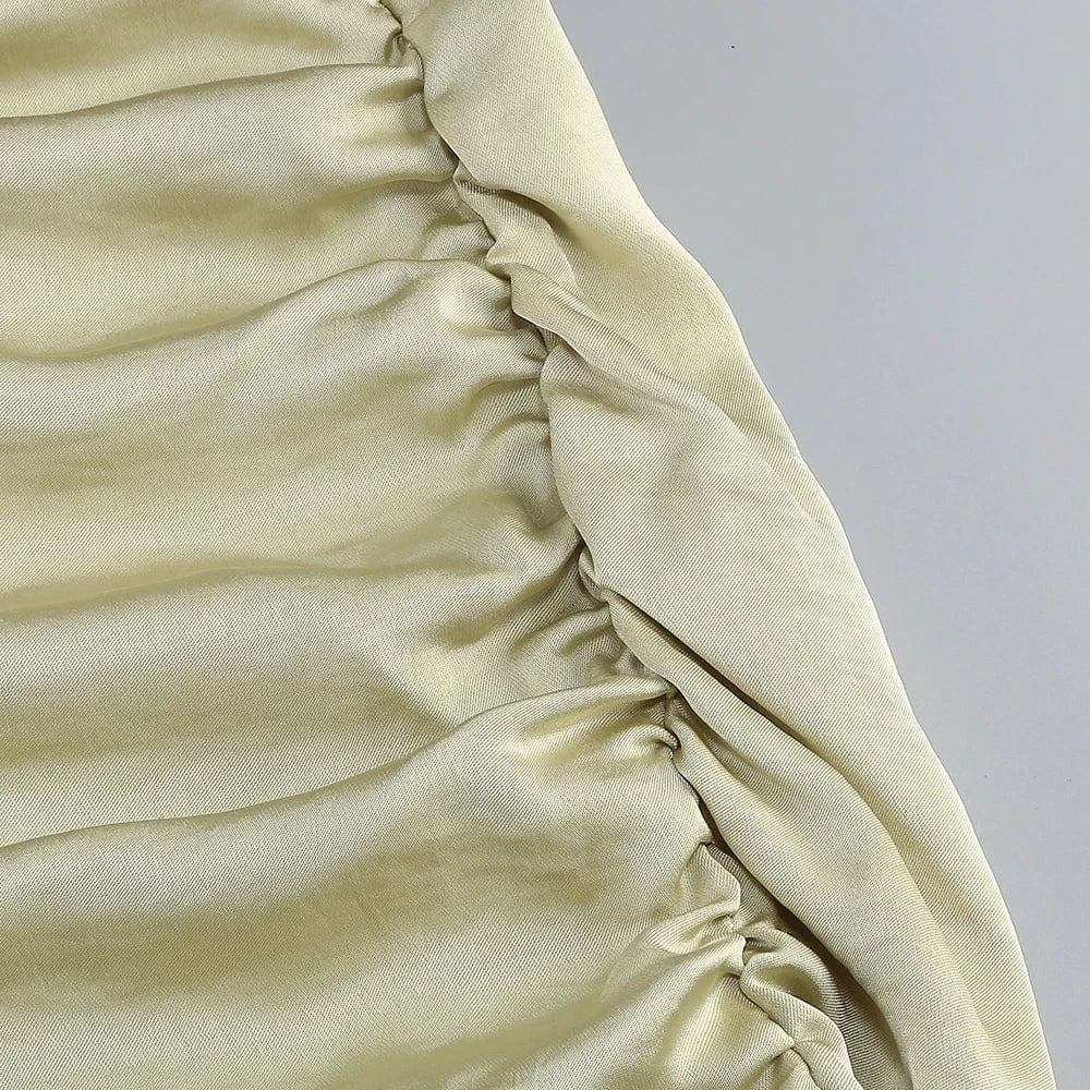 Women's Elegant Slip Sleeveless Cowl Neck Ruched Midi Dress Light Green Satin Material with Side Slit for Luxury Evening Party