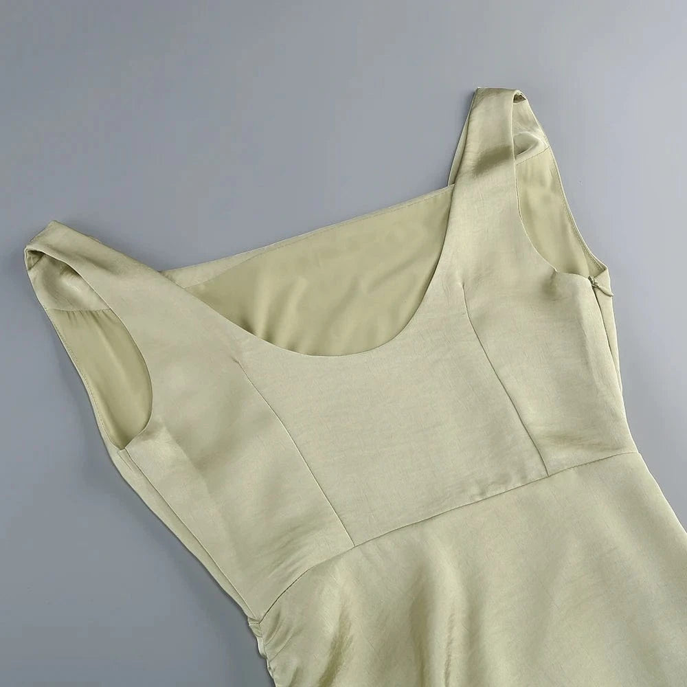 Women's Elegant Slip Sleeveless Cowl Neck Ruched Midi Dress Light Green Satin Material with Side Slit for Luxury Evening Party