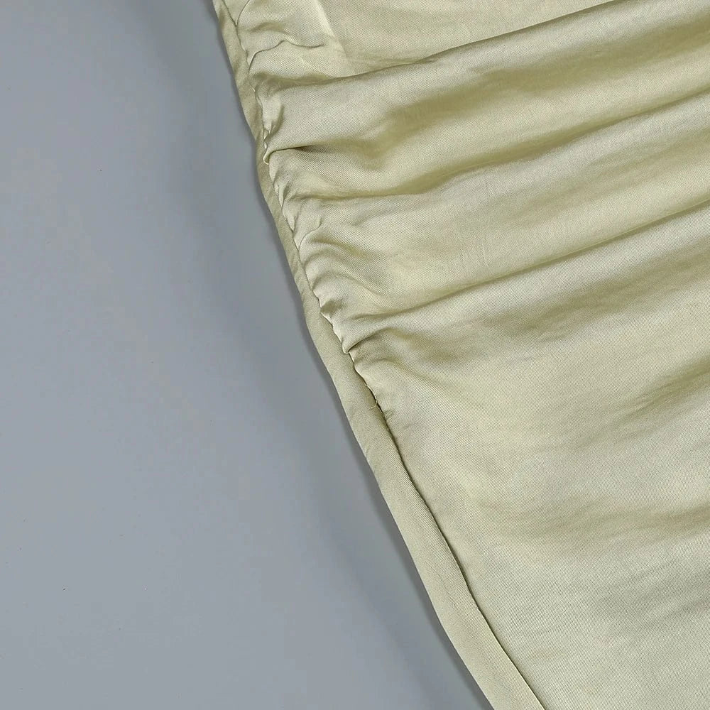 Women's Elegant Slip Sleeveless Cowl Neck Ruched Midi Dress Light Green Satin Material with Side Slit for Luxury Evening Party