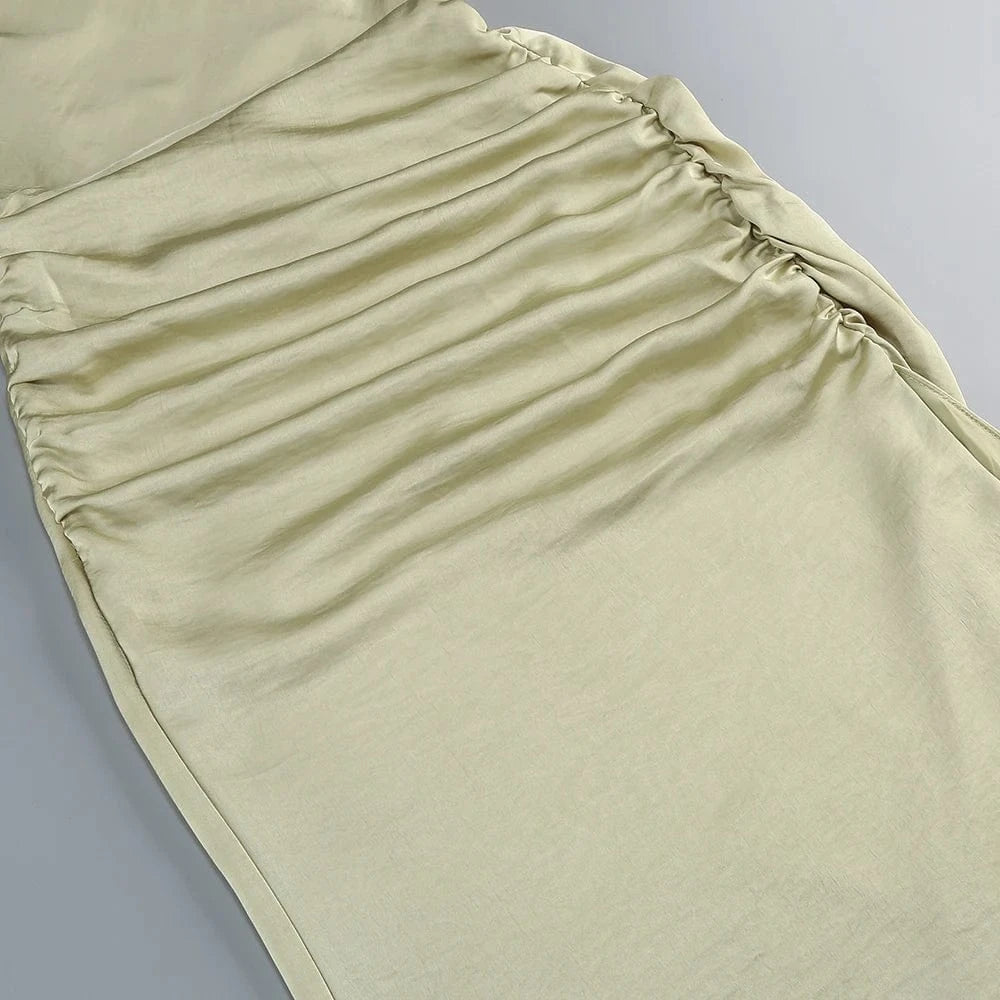 Women's Elegant Slip Sleeveless Cowl Neck Ruched Midi Dress Light Green Satin Material with Side Slit for Luxury Evening Party