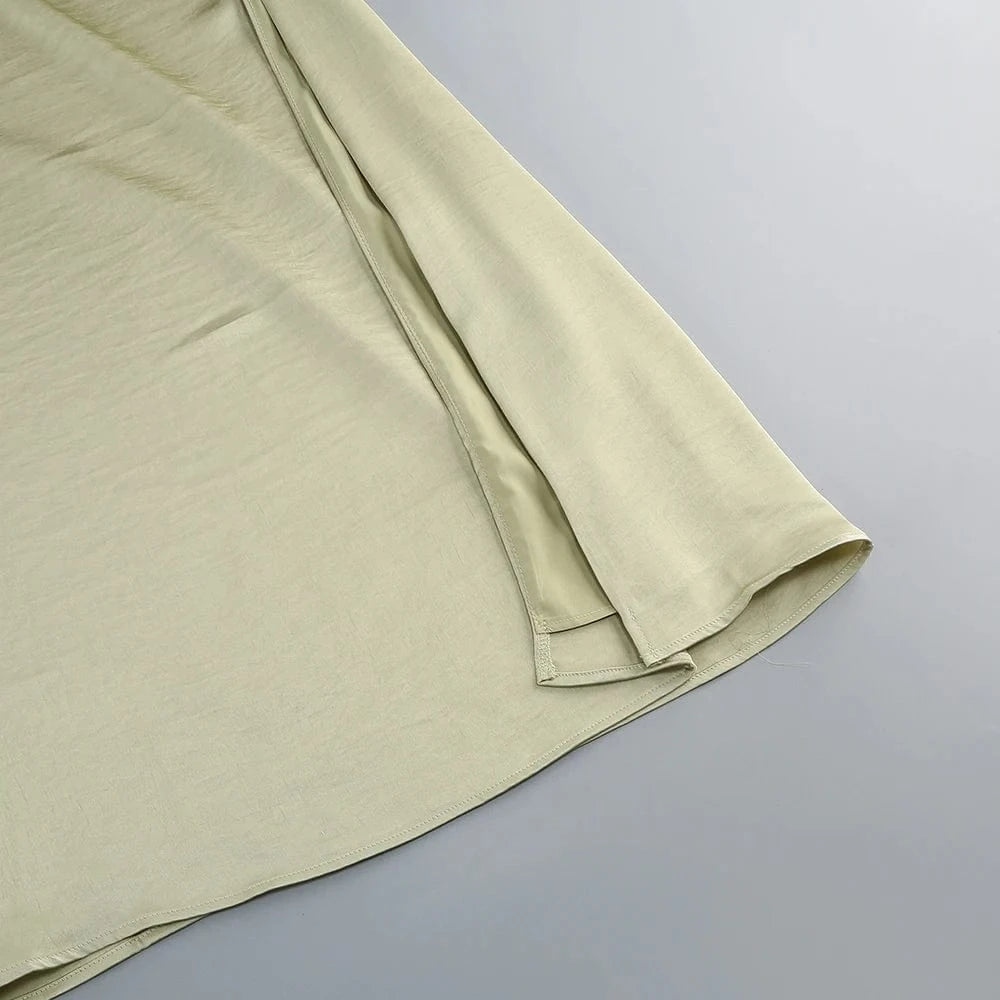 Women's Elegant Slip Sleeveless Cowl Neck Ruched Midi Dress Light Green Satin Material with Side Slit for Luxury Evening Party