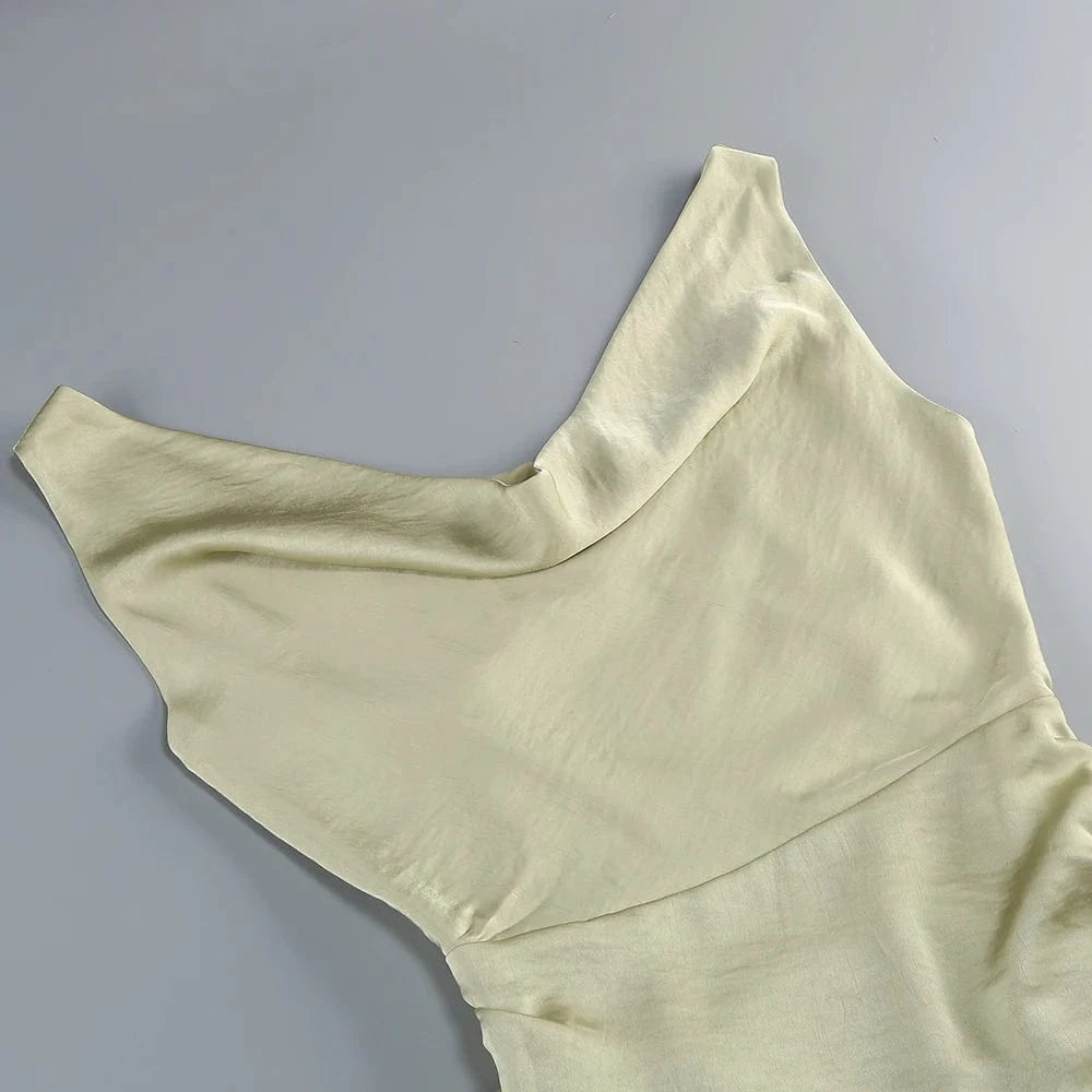 Women's Elegant Slip Sleeveless Cowl Neck Ruched Midi Dress Light Green Satin Material with Side Slit for Luxury Evening Party