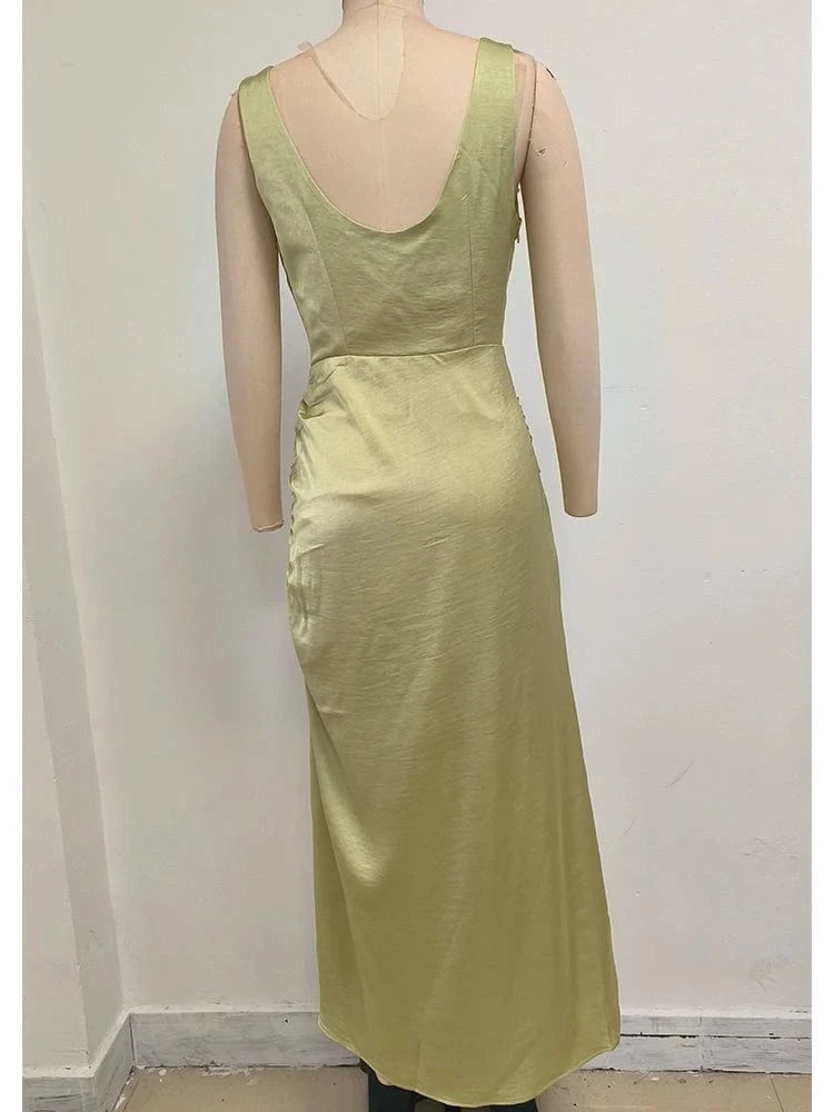 Women's Elegant Slip Sleeveless Cowl Neck Ruched Midi Dress Light Green Satin Material with Side Slit for Luxury Evening Party