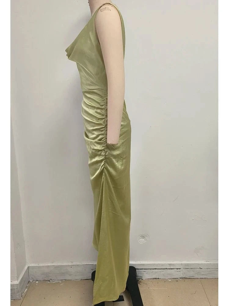 Women's Elegant Slip Sleeveless Cowl Neck Ruched Midi Dress Light Green Satin Material with Side Slit for Luxury Evening Party