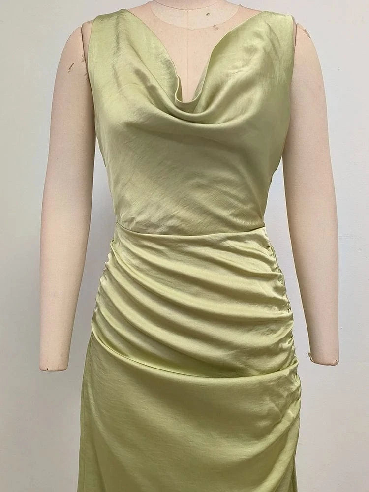 Women's Elegant Slip Sleeveless Cowl Neck Ruched Midi Dress Light Green Satin Material with Side Slit for Luxury Evening Party