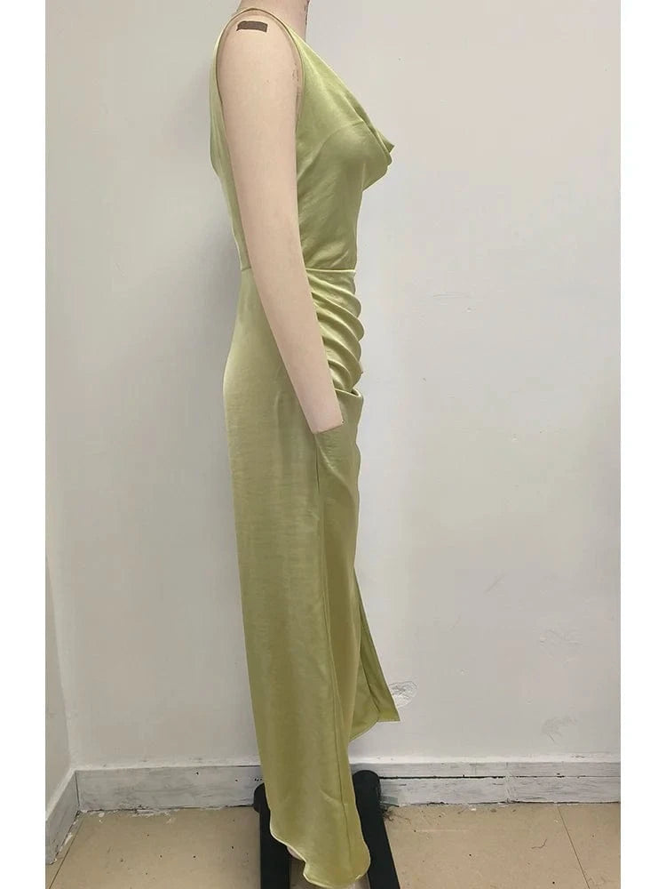 Women's Elegant Slip Sleeveless Cowl Neck Ruched Midi Dress Light Green Satin Material with Side Slit for Luxury Evening Party