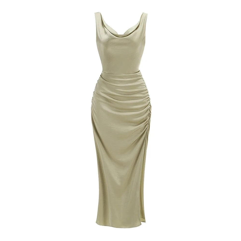 Women's Elegant Slip Sleeveless Cowl Neck Ruched Midi Dress Light Green Satin Material with Side Slit for Luxury Evening Party