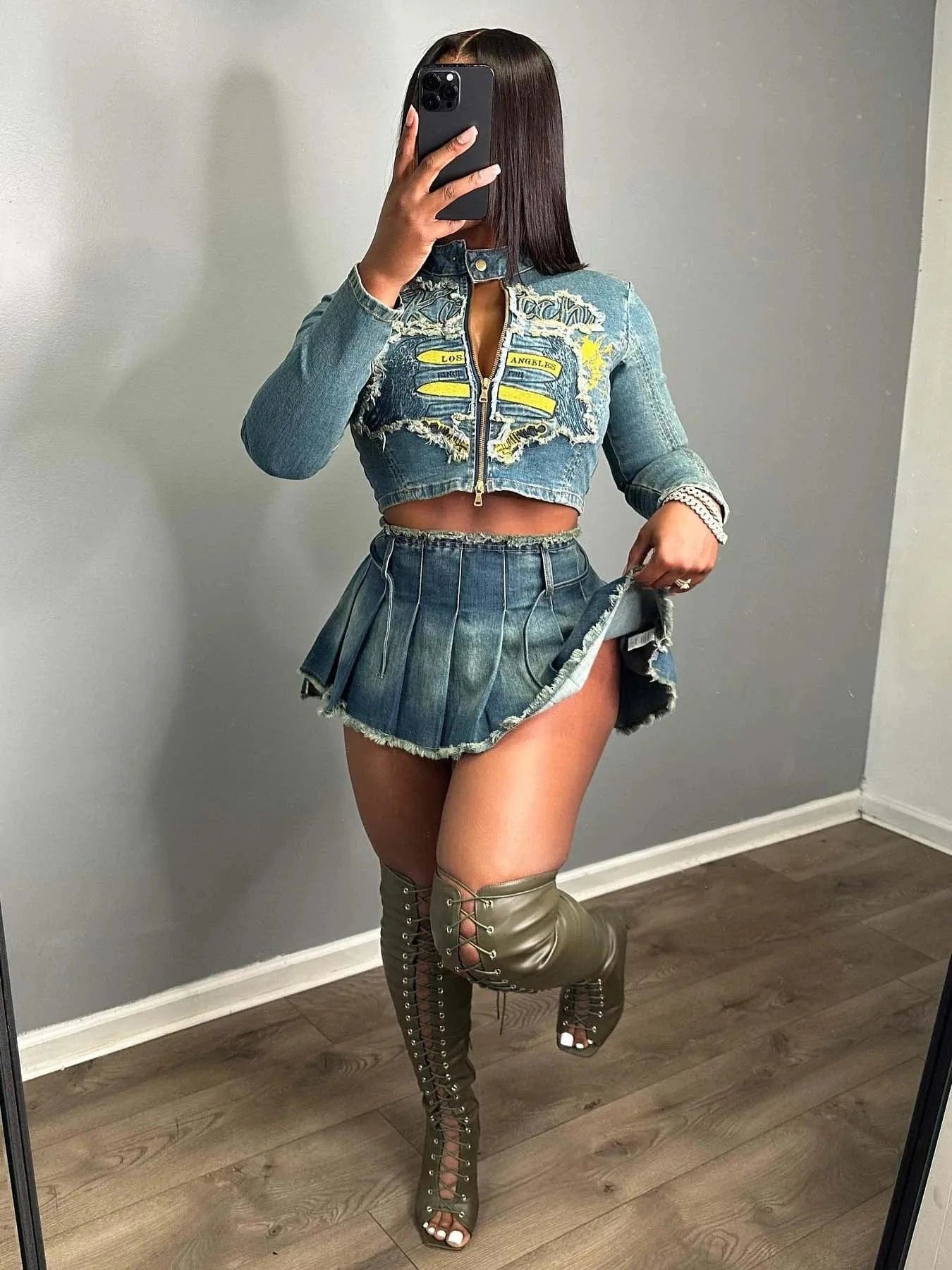 Women's Embroidered Denim Jacket and Ruffle Denim Skirt Set Stretchy and Comfortable Streetwear Fashion for Women