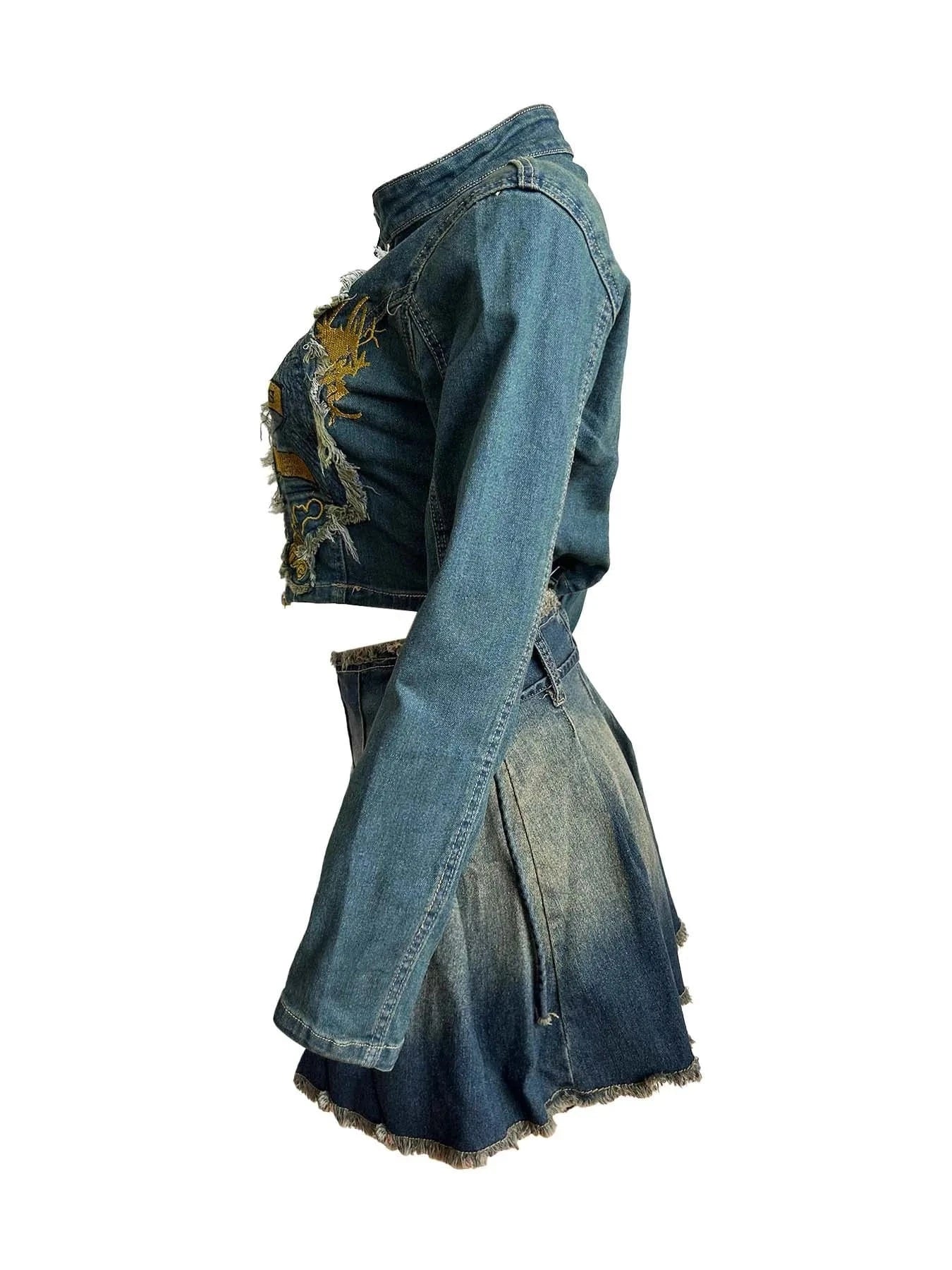 Women's Embroidered Denim Jacket and Ruffle Denim Skirt Set Stretchy and Comfortable Streetwear Fashion for Women