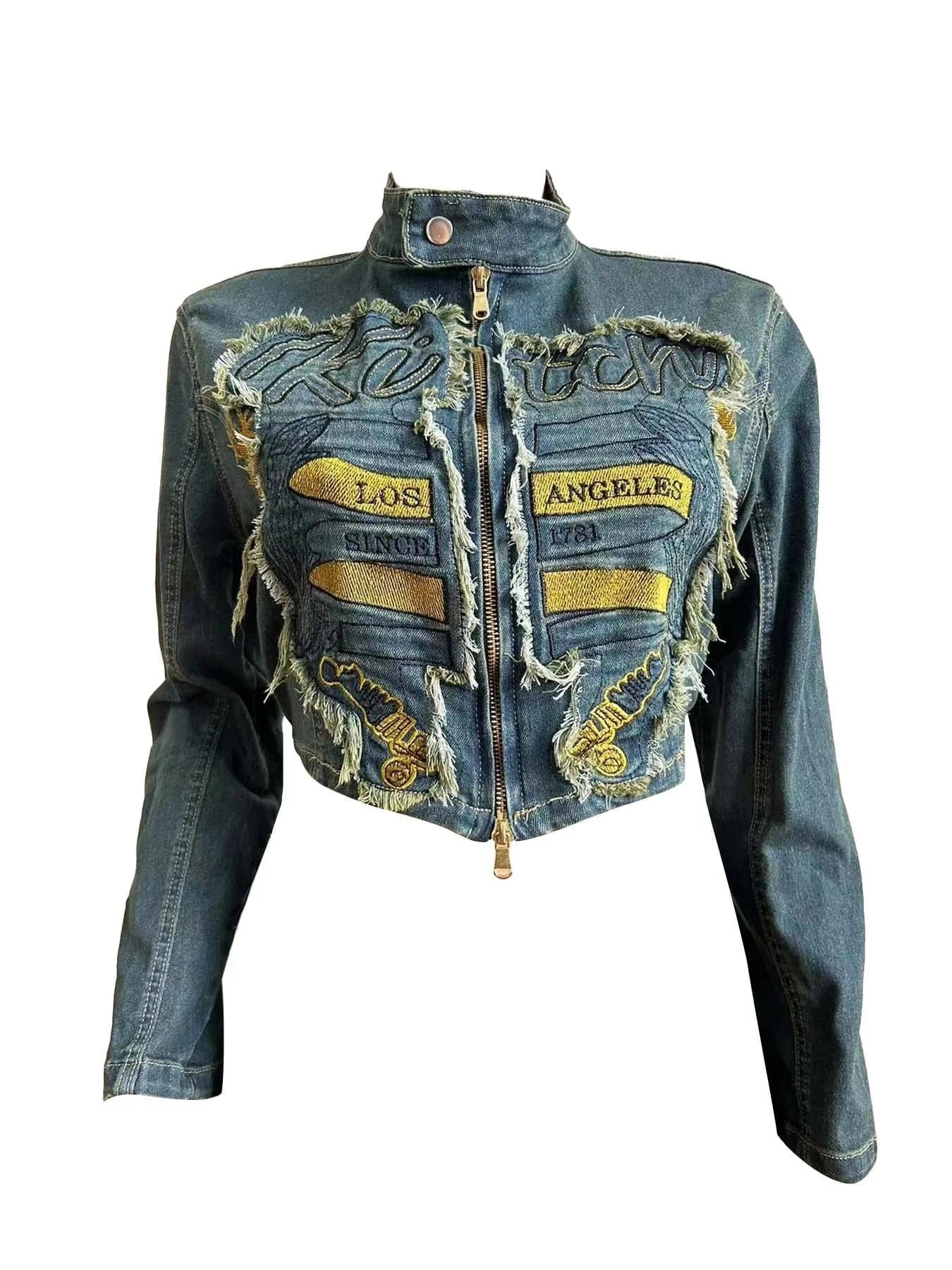 Women's Embroidered Denim Jacket and Ruffle Denim Skirt Set Stretchy and Comfortable Streetwear Fashion for Women